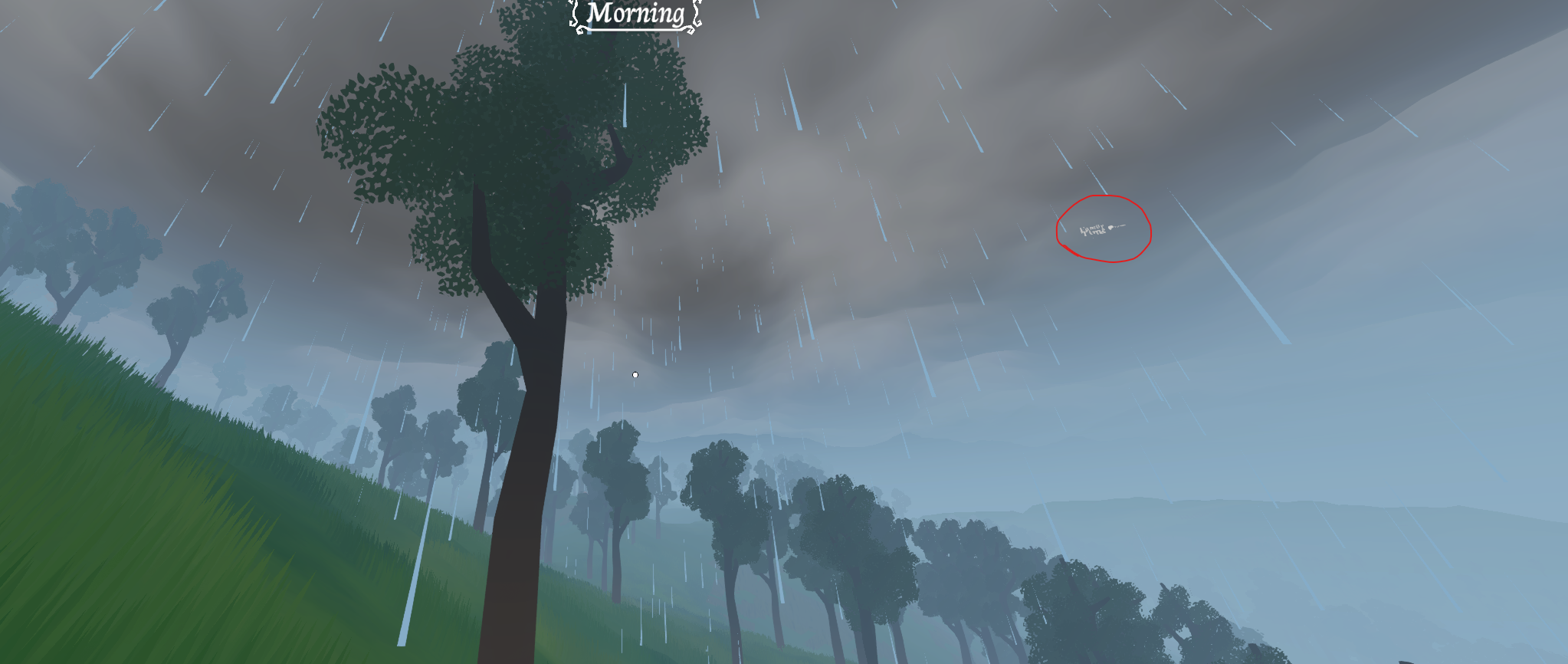 Player screenshot of a rainy sky with a faint Family Time easter egg marked in red