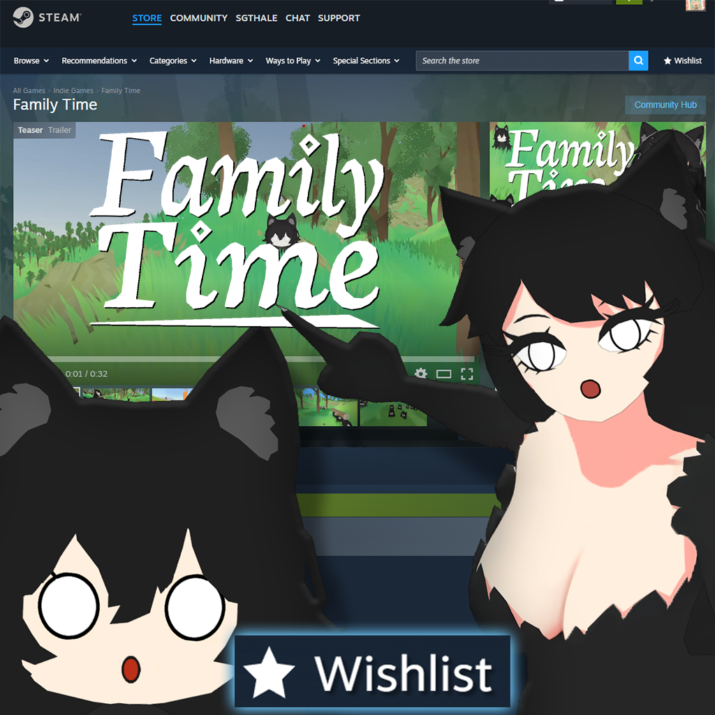 Wishlist announcement art: the Steam store page with the Wolf Mama pointing at the wishlist button