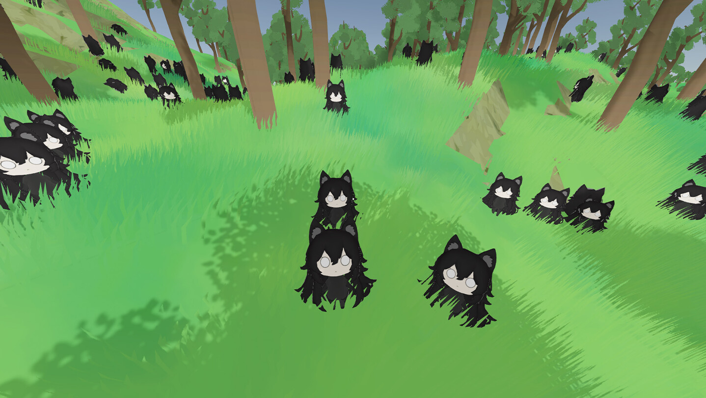 Steam store page background: first-person view of a meadow full of wolf children
